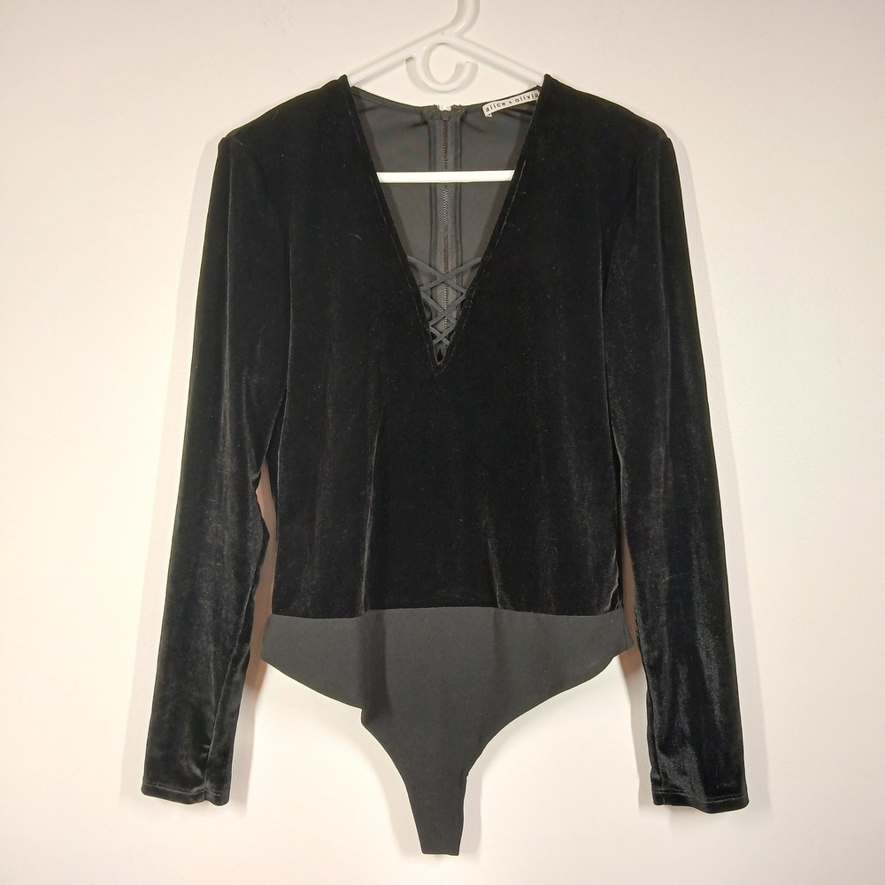 Alice + Olivia Bodysuit Women Large Black Velvet Lace Up Long Sleeve Party